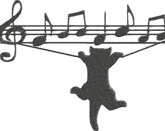 May include: A black and white embroidered design featuring a musical staff with notes and a treble clef. A silhouette of a cat is hanging from the staff, with its arms outstretched. The design is suitable for music lovers.
