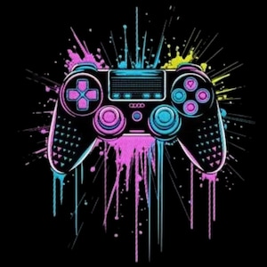 Könnte beinhalten: Illustration eines schwarzen Gamecontrollers mit einem lebendigen Farbspritzer-Design in Pink, Blau und Gelb. Der Controller hat rosa und blaue Knöpfe und Richtungspads, vor einem schwarzen Hintergrund.