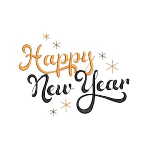 Può includere: Un design festivo con le parole "Happy New Year" in elegante scrittura. La parola "Happy" è in oro, mentre "New Year" è in nero. Piccoli scoppi di stelle dorate accentuano il testo su sfondo bianco.