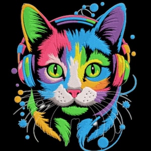 May include: A vibrant cat design wearing headphones, with a palette of pink, green, blue, and yellow. The cat has a white face, green eyes, and a pink nose. The design is set against a black backdrop.