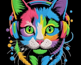 DJ Cat WithbHeadphones-borduurwerk, machineborduurwerk, DJ Cat-borduurwerk, kat met koptelefoon, muziekborduurwerk, muziekliefhebber, dier, cadeau