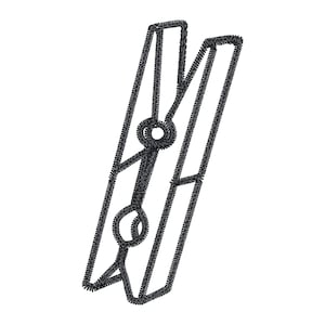 May include: A dark gray embroidered clothespin design. The clothespin is depicted in a detailed, textured style, with a classic spring-loaded mechanism. The design is set against a clean white background, highlighting the intricate stitching.