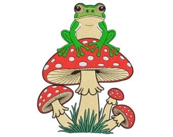 Frog On Mushroom Embroidery,Machine Embroidery, Frog Embroidery, Cottagecore, Forest Animal, Green Animal, Fairycore, Boho Frog, Unique