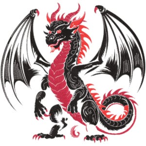 May include: A detailed illustration of a dragon with black and red coloring. The dragon has large wings, sharp claws, and a long tail. The dragon's body is black with red accents, and it is set against a white background.
