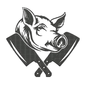 Peut inclure: Illustration en noir et blanc d'une tête de porc avec deux couperets croisés. Le porc est représenté de face, avec des détails sur le museau et les oreilles. Les couperets sont placés derrière la tête du porc.