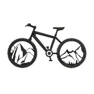 May include: Black embroidered mountain bike design. The bicycle features a mountain range design within the wheels. The tires have a rugged tread pattern. The handlebars, seat, and frame are all black.
