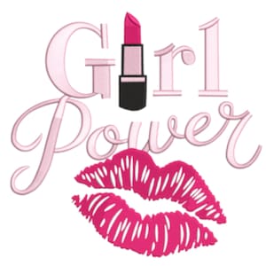 Pode incluir: Design bordado rosa com as palavras "Girl Power", um batom e um par de lábios. O batom é rosa com base preta. Os lábios são de cor rosa brilhante. O texto é de cor rosa claro.