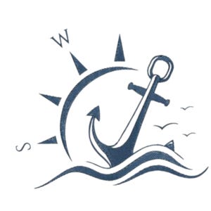 Puede incluir: Un diseño náutico azul marino con un ancla, una rosa de los vientos y olas estilizadas. La rosa de los vientos muestra las letras "W" y "S". Tres pájaros vuelan en la esquina superior derecha. El diseño está sobre un fondo blanco.