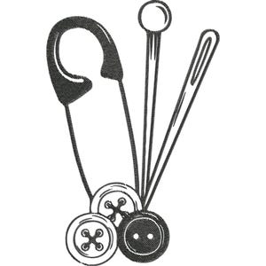 Puede incluir: Ilustración en blanco y negro de artículos de costura. La imagen presenta un imperdible, un alfiler con cabeza redonda, una aguja y tres botones. Los botones tienen diferentes diseños, incluido un patrón en forma de X y dos agujeros.