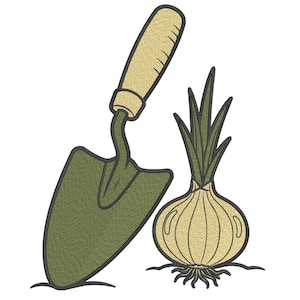 May include: An illustration of gardening tools. A green trowel with a tan handle is next to a tan onion with green sprouts and roots. The image is on a white background.