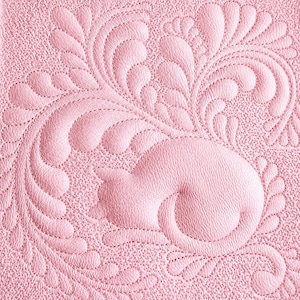 May include: A light pink textured material featuring a quilted design of a curled-up cat surrounded by intricate, swirling feather-like patterns. The stitching creates a raised, embossed effect across the surface of the soft pink fabric.