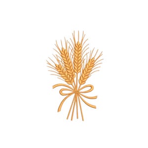 May include: A golden-yellow illustration of a wheat sheaf consisting of four stalks of grain. The stalks are bundled together at the base and secured with a simple tied ribbon bow, with thin, pointed awns extending outward from each grain head.