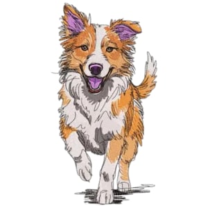 Puede incluir: Diseño bordado de un perro corriendo, con pelaje blanco y marrón y acentos morados en las orejas. El perro tiene una expresión feliz con la lengua fuera. La obra de arte está sobre un fondo blanco.