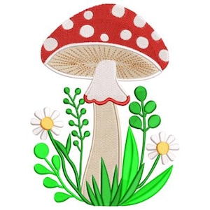 May include: An embroidered design featuring a red mushroom with white polka dots, a beige stem, and a red trim. The mushroom is surrounded by green leaves, grass, and white daisies with yellow centers. A whimsical nature-themed design.