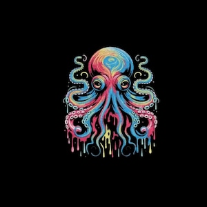 May include: A colorful illustration of an octopus on a black background. The octopus is depicted with vibrant hues of blue, pink, yellow, and orange. Its tentacles drip downwards, creating a unique visual effect.