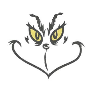 May include: A black and yellow Grinch face design on a white background. The design features yellow eyes, a black nose, and a curved mouth. The eyebrows and the outline of the face are black.