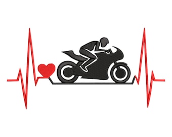 Diseño de bordado deportivo: Motociclista con latidos del corazón. Descarga instantánea.
