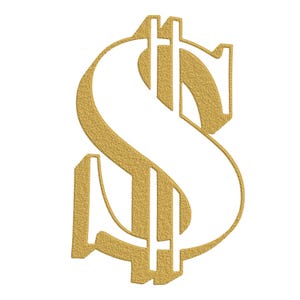 May include: A gold-colored dollar sign with a textured appearance. The symbol is stylized with a curved 'S' shape and vertical lines, set against a white background. The design has a vintage or embroidered aesthetic.