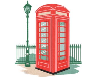 イギリスの電話ボックスの刺繍、赤い電話ボックス、ロンドンの電話ボックス、イギリスの電話ボックス、ヴィンテージの電話、イギリスのお土産、赤い電話ボックス、ボヘミアン