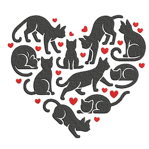 May include: An embroidery design featuring multiple black cat silhouettes arranged in the shape of a heart, interspersed with small red embroidered hearts. The cats are depicted in various poses, including sitting, stretching, and lying down.