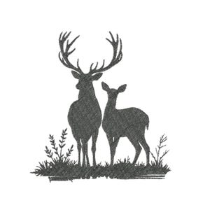 May include: A detailed silhouette of a stag and a doe standing together. The stag has large antlers, and both deer are positioned on a patch of grass with small plants. The image is in shades of grey and white.