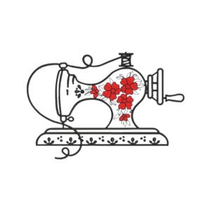 Könnte beinhalten: Schwarz-weiße Strichzeichnung einer alten Nähmaschine. Die Maschine hat rote Blumenakzente am Gehäuse und eine dekorative Basis. Ein klassisches Design für Nähen und Handwerk.