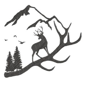 May include: A detailed black and white embroidered design featuring a deer with large antlers standing on a tree branch. The scene includes mountains, pine trees, and birds in flight, creating a nature-themed artwork.