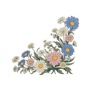 May include: A corner floral design featuring daisies in various colors, including blue, pink, white, and yellow. The flowers are arranged with green leaves on a white background. This design is suitable for crafts and decor.