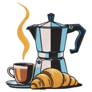May include: An embroidered design featuring a blue and silver stovetop espresso maker, a cup of coffee on a saucer, a golden croissant, and a wisp of steam. The design is on a white background.
