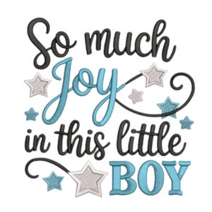 May include: White background with the text "So much Joy in this little BOY". The word "Joy" and "BOY" are in light blue, with the rest of the text in black. There are star accents in light blue and gray.