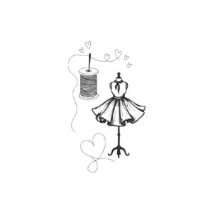 May include: A black and white illustration of sewing-related items. A spool of thread with a needle, a dress form with a dress, and hearts drawn with thread. The dress form has a short, flared skirt.