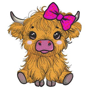 Cartoon Embroidery Design, Baby Highland Cow Machine Embroidery Design, Cute Cow With A Bow, Kids, Children,Animal Embroideries,Calf Stitch