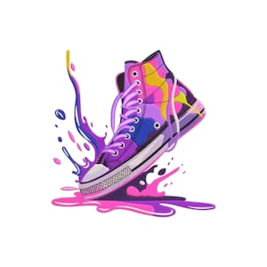 Può includere: Illustrazione di una sneaker alta viola, rosa, gialla e blu. La scarpa è raffigurata con un effetto schizzo di vernice, con i colori della vernice che corrispondono al design della scarpa. I lacci sono viola e la suola è bianca.