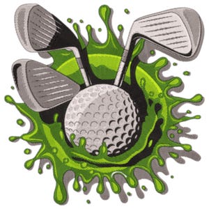 Può includere: Design ricamato con una pallina da golf e tre mazze da golf che emergono da uno schizzo verde. La pallina da golf è bianca con fossette e le mazze sono argentate e nere. Lo schizzo è di un colore verde vibrante.