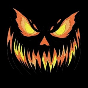 May include: A spooky Halloween design featuring a jack-o'-lantern face with glowing yellow eyes and a menacing grin. The design uses orange, yellow, and black colors, perfect for Halloween-themed products.