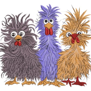 May include: Three cartoon chickens with exaggerated features. The chickens have fluffy, colorful plumage in shades of gray, purple, and gold. Each chicken has large, expressive eyes, a red wattle, and yellow or red feet. The image is a whimsical illustration.