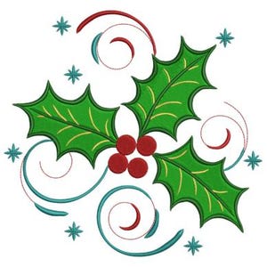 May include: A festive design featuring green holly leaves with yellow veins and red berries. The image includes teal and red swirls and small teal star accents, all set against a white background. This design is perfect for holiday-themed crafts.