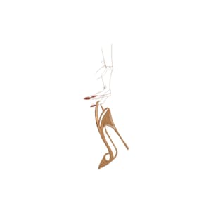May include: A tan high-heeled shoe with a pointed toe and a slingback strap, depicted in a minimalist line art style. The shoe features a thin stiletto heel and a cutout design along the side, rendered with clean, simple outlines.