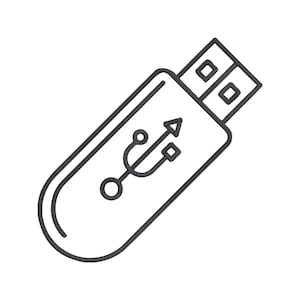 Puede incluir: Un dibujo lineal en blanco y negro de una unidad flash USB. La unidad tiene un cuerpo rectangular redondeado con un símbolo USB en la parte delantera. El conector USB está en la parte superior.