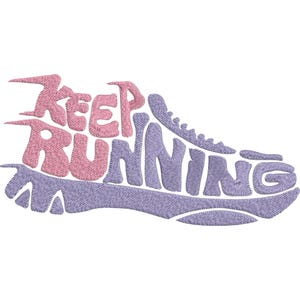 Könnte beinhalten: Gesticktes Design einer Laufschuhform mit den Worten "KEEP RUNNING" in rosa und lila Garn. Das Design befindet sich auf weißem Hintergrund, geeignet für Sportbekleidung oder Accessoires.