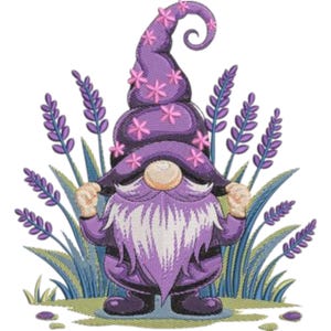 Lavendel Wichtel Stickerei, Maschinenstickerei, Wichtel mit Lavendel, Blumenzwerg, Gartenzwerg, Frühlingszwerg, Lila Blume, Rustikal, Kraut