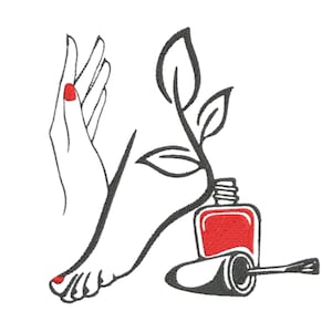 May include: A black and white line drawing of a hand and foot with red nail polish, a red nail polish bottle, and a plant. The nail polish bottle is open with the brush extended. The image is a design for a nail salon or beauty product.