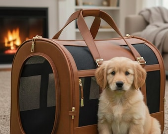 Elegante bolso bandolera para mascotas de piel marrón de grano completo / Bolsa de lona compacta para perros / Transportín transpirable para gatos / Regalo de lujo