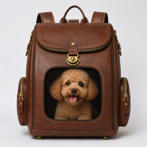 Pode incluir: Uma mochila de transporte para animais de estimação em castanho com aspeto de couro, com uma pega superior, alças ajustáveis e uma janela central de rede. Um cão pequeno de cor castanha clara e pelo encaracolado é visível dentro da mochila.