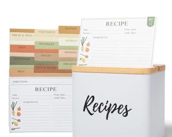 White Metal Recipe Box with Wood Lid, Cards & Dividers