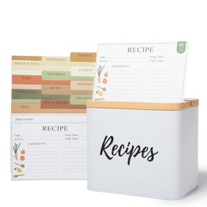 Recipe Box with Cards and Dividers, 100 Recipe Cards - 12 Dividers - 100 Card Protectors, White Metal Recipe Container with Wood Lid, Gift