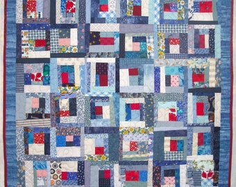 Baby Quilt ~ Lap Quilt ~ Scrappy ~ Blue & Red ~ Handmade