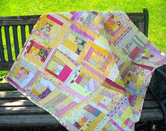 Baby Quilt ~ Lap Quilt ~ Scrappy ~ Yellow & Pink ~ Handmade
