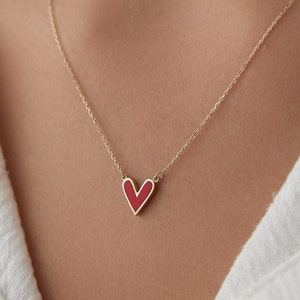 14k Gold Red Heart Necklace, Real Gold Heart Necklace, Tiny Heart Pendant, Minimalist Necklace,Valentine&#39;s Day Gifts For Her,Christmas Gifts