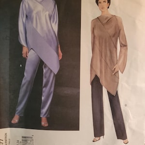 May include: A Vogue Patterns sewing pattern envelope for Tom and Linda Platt designs. The front displays two variations of a long-sleeved tunic with an asymmetrical hem and straight-leg trousers, labeled A in light blue and B in tan and black.